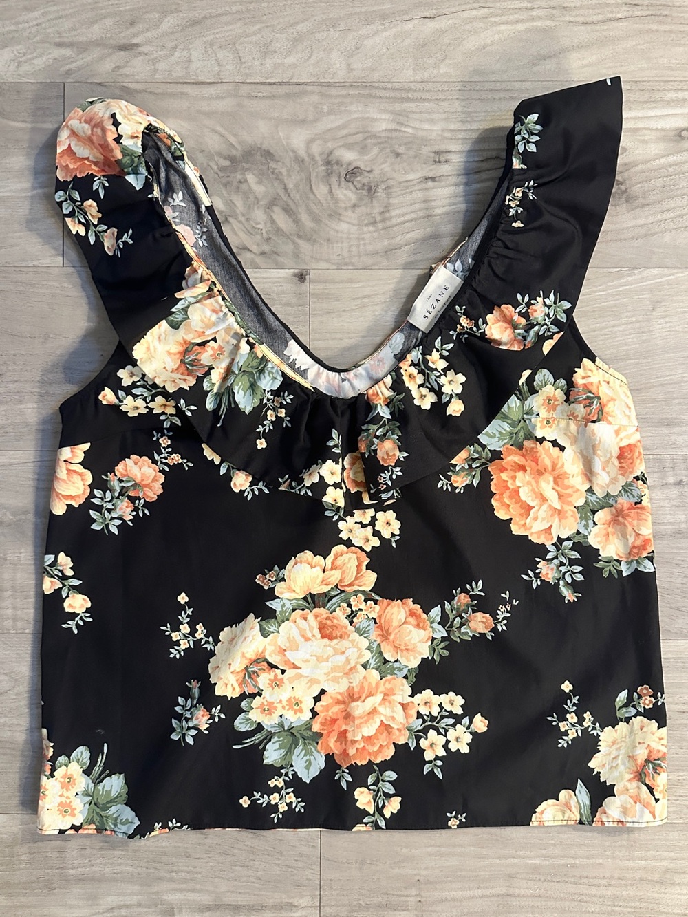 NWT SEZANE Gold Blouse in Pila Print, Black & Golden Floral Ruffled Tank